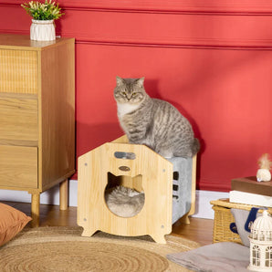 Caseta de Gatos de Madera y Fieltro Casa para Mascotas con Cojín y 2 Asas
